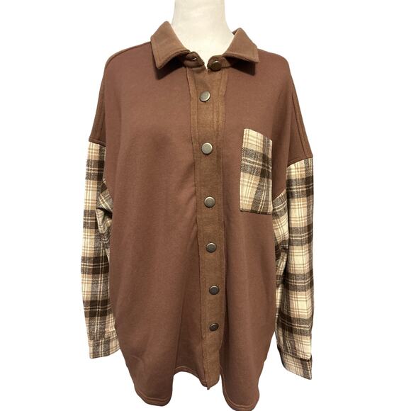 Papermoon Jackets & Blazers - Papermoon Shacket Women’s Size Large Brown Plaid Sleeves & Pockets Mix Media NWT